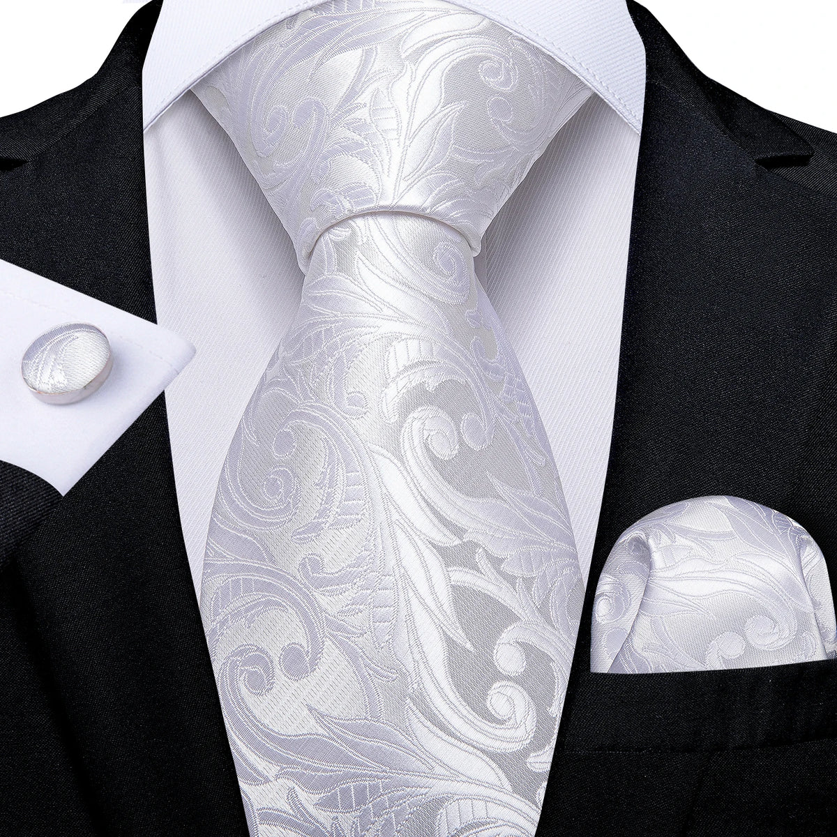 White Silver Paisley Hanky Cufflink Tie Set