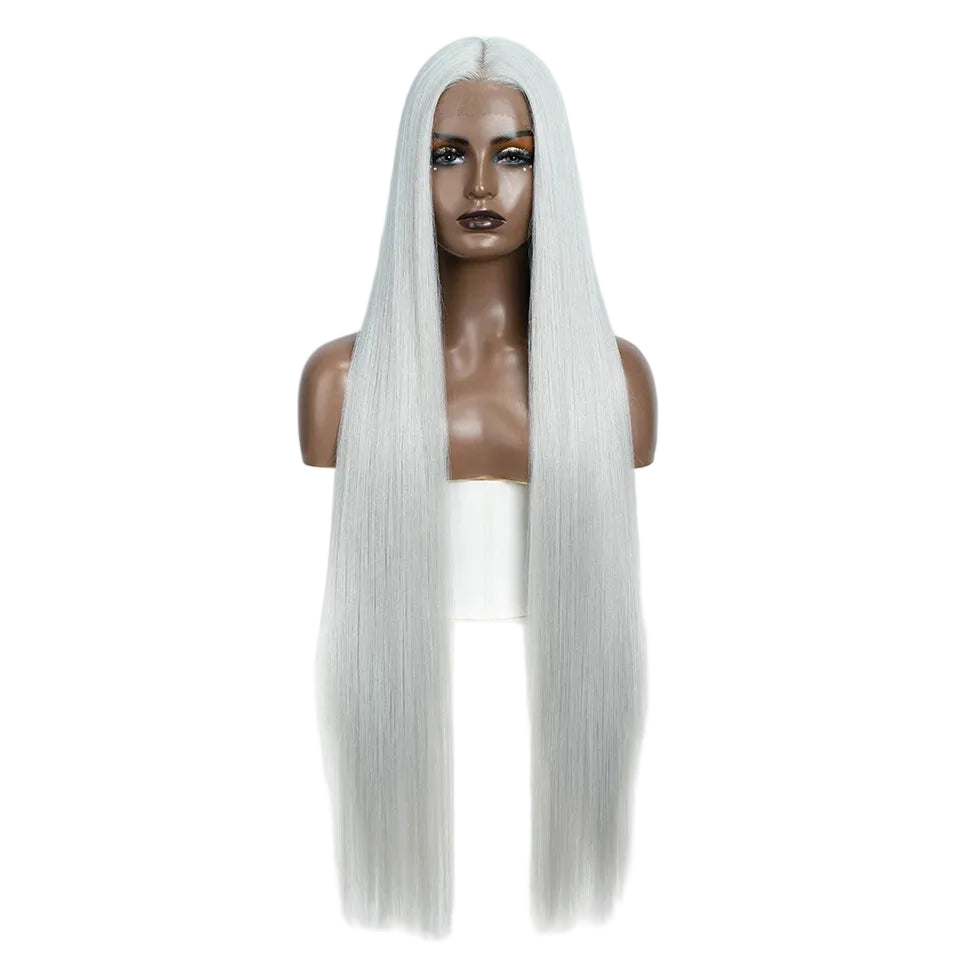 White Women 38 Inch Long Straight Synthetic Lace Frontal Wig