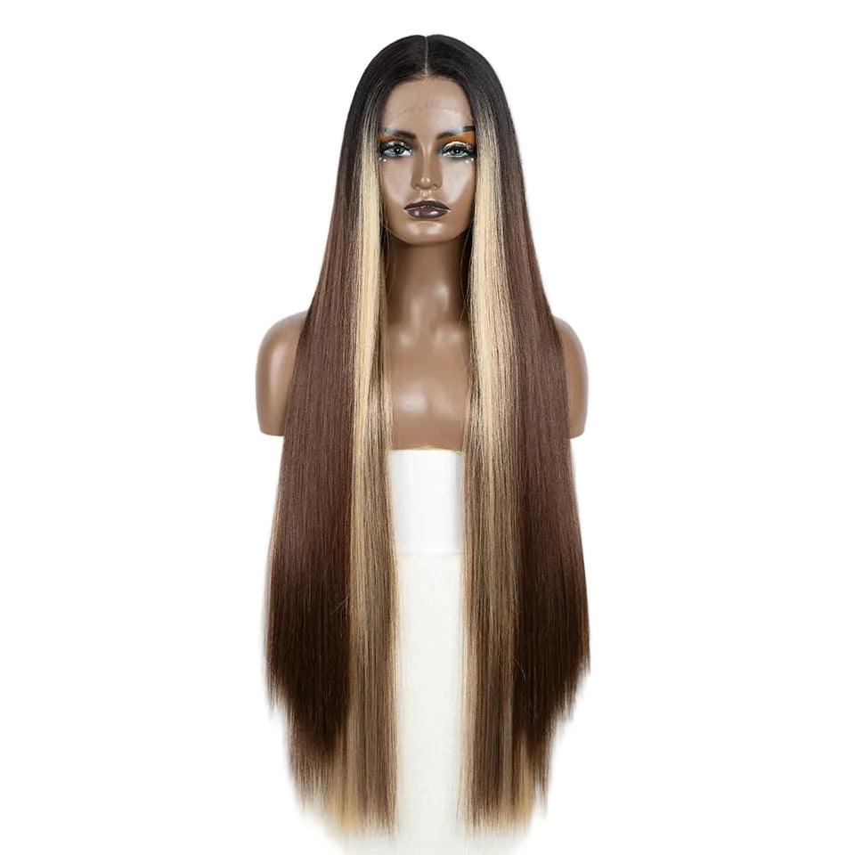 Brown Women 38 Inch Long Straight Synthetic Lace Frontal Wig