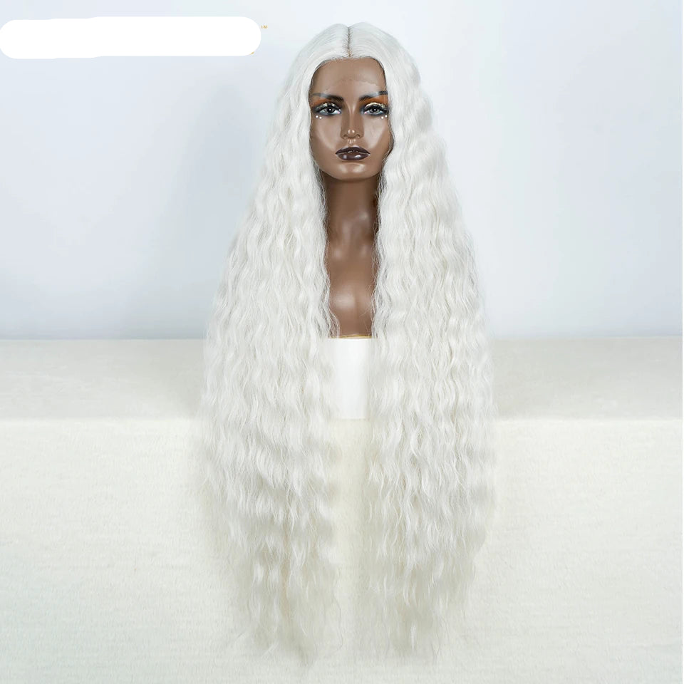 White Women 42 Inch Long Curly Lace Synthetic Lace Frontal Wig