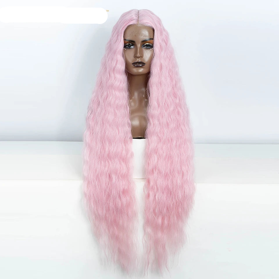 Pink Women 42 Inch Long Curly Lace Synthetic Lace Frontal Wig