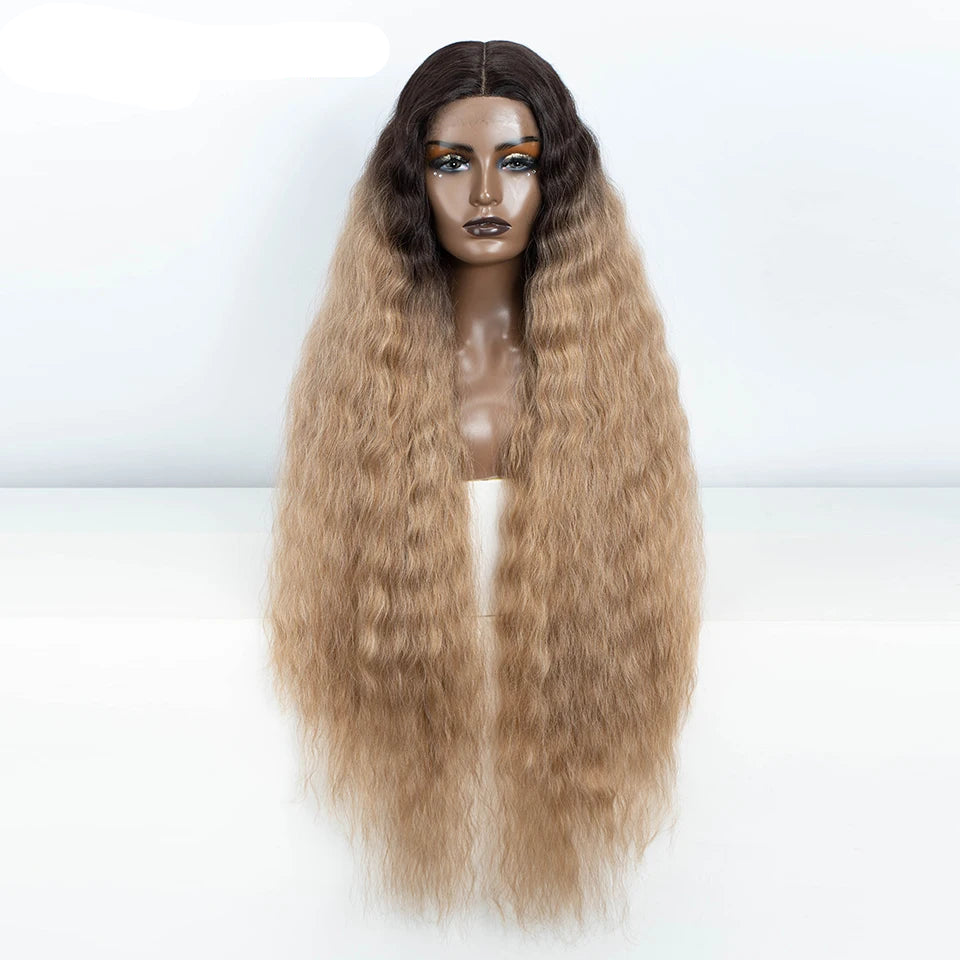 Brown Black Women 42 Inch Long Curly Lace Synthetic Lace Frontal Wig