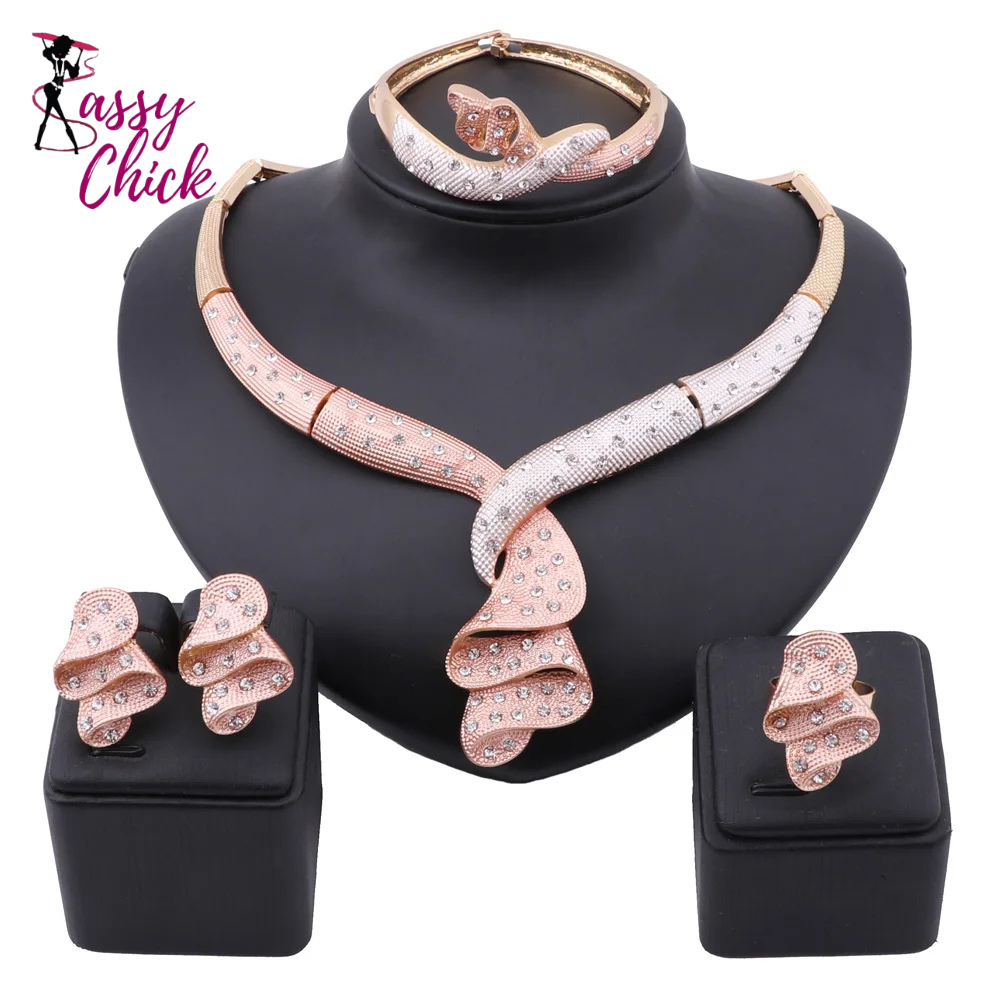 Women Gold Color Crystal Wedding Jewelry Set Sassy Chick Logo