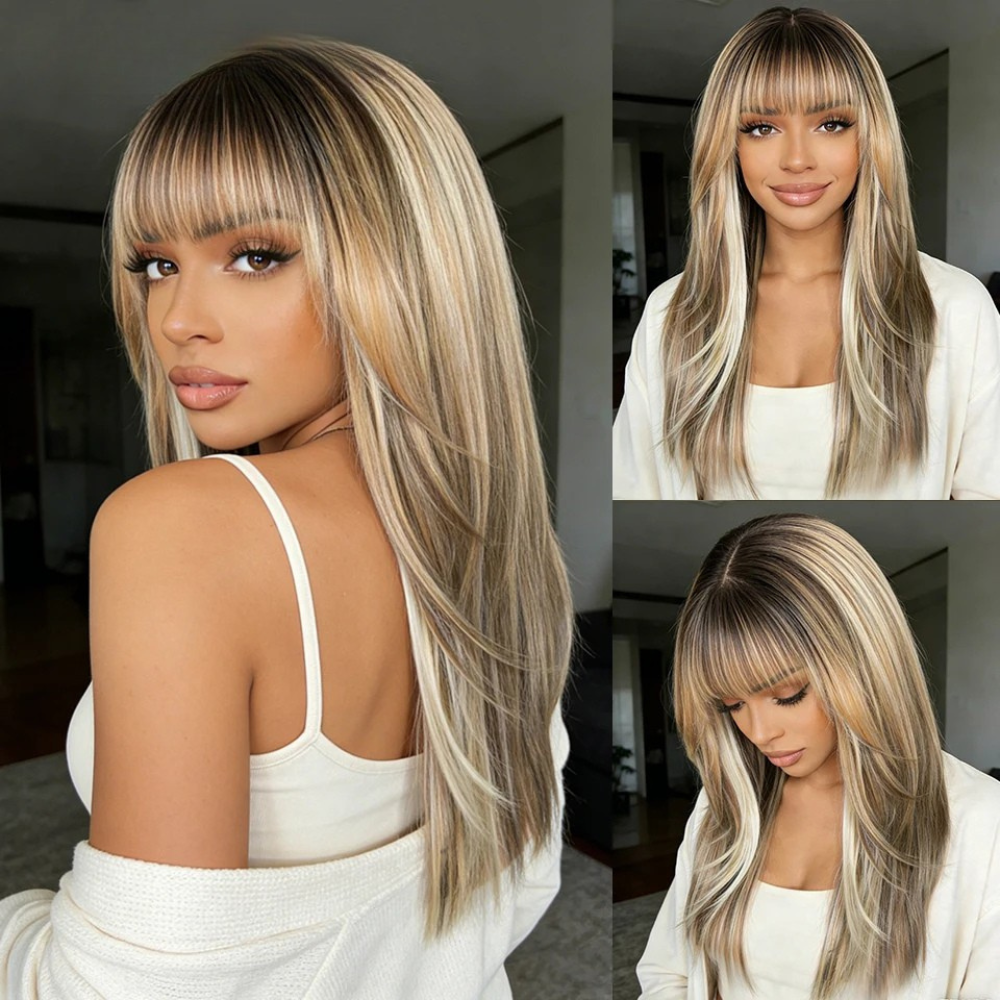 Blonde Women Straight Layered Bangs 20 Inch Synthetic Wigs
