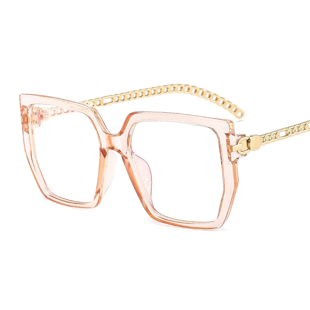 Pink Women's Large Frame Presbyopia Glasses Metal Chain