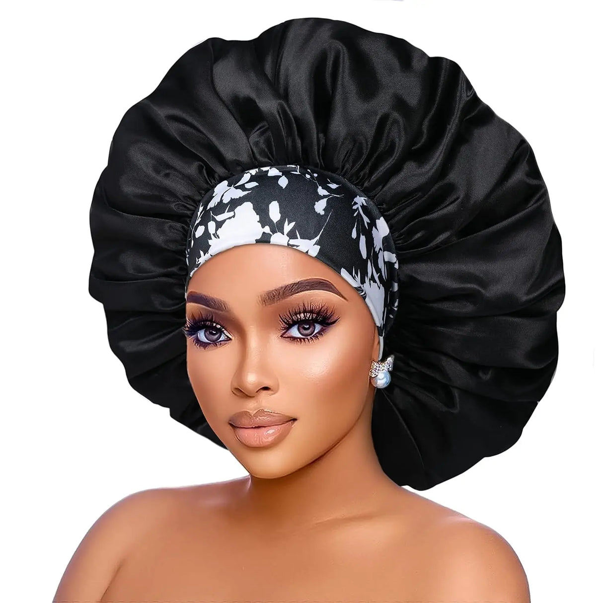 Black Women's Satin Elastic Wide Band Sleep Cap