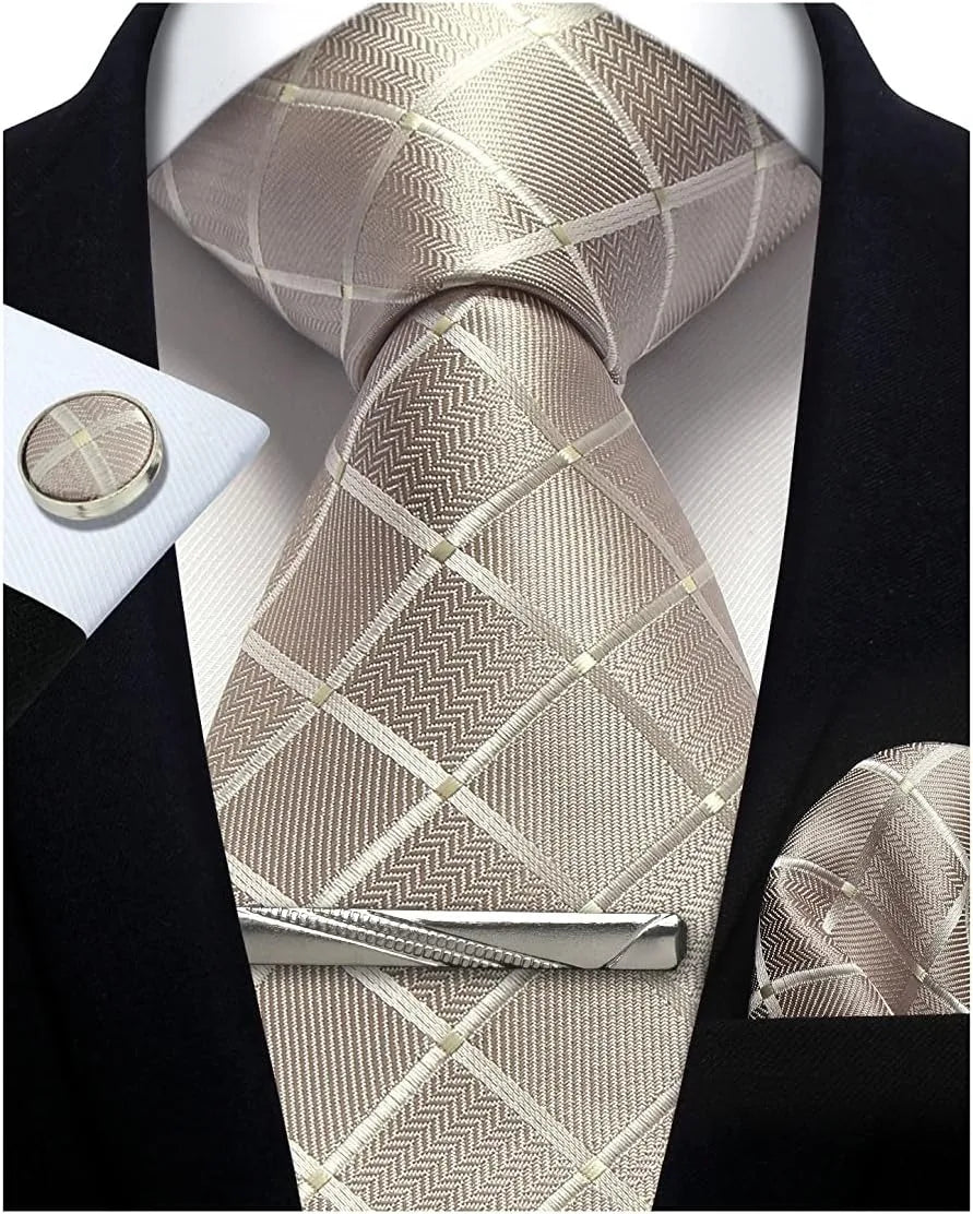 Beige Woven Classic 100% Silk Pocket Square Plaid & Checks Tie