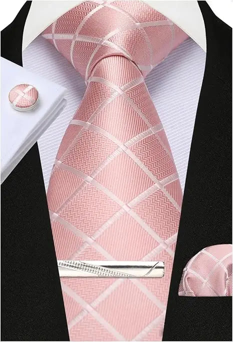 Pink Woven Classic 100% Silk Pocket Square Plaid & Checks Tie