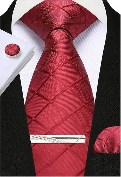 Red Woven Classic 100% Silk Pocket Square Plaid & Checks Tie