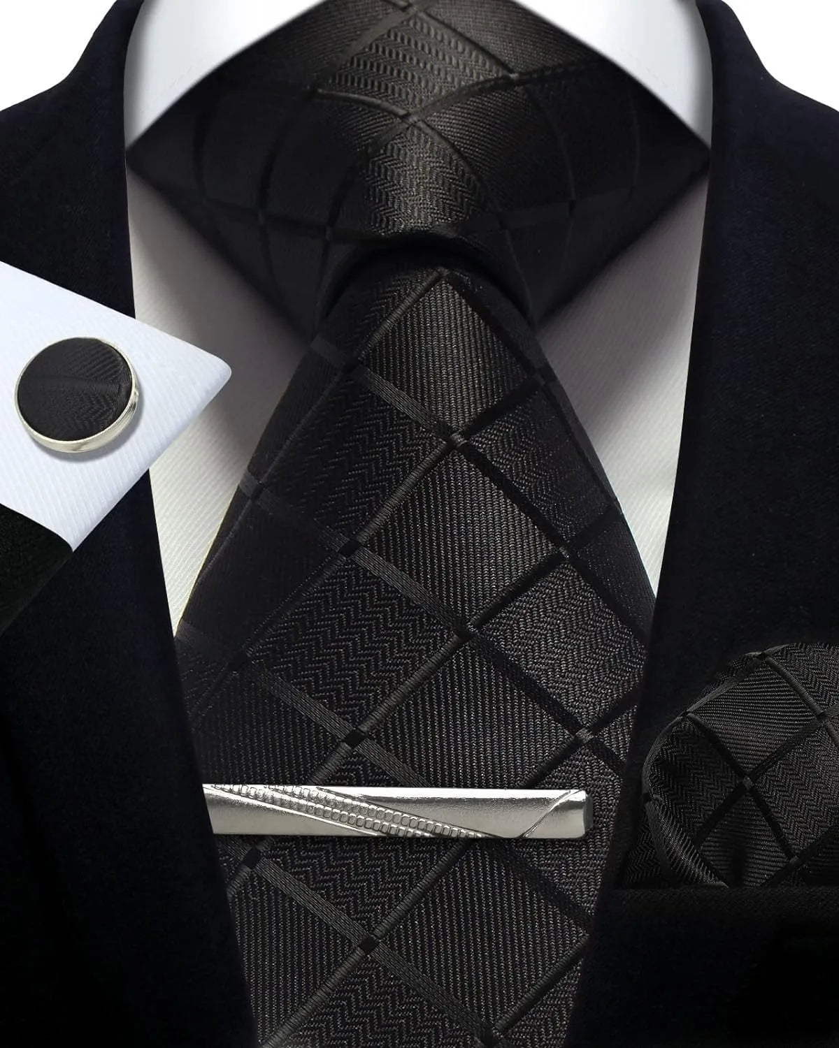 Black Woven Classic 100% Silk Pocket Square Plaid & Checks Tie