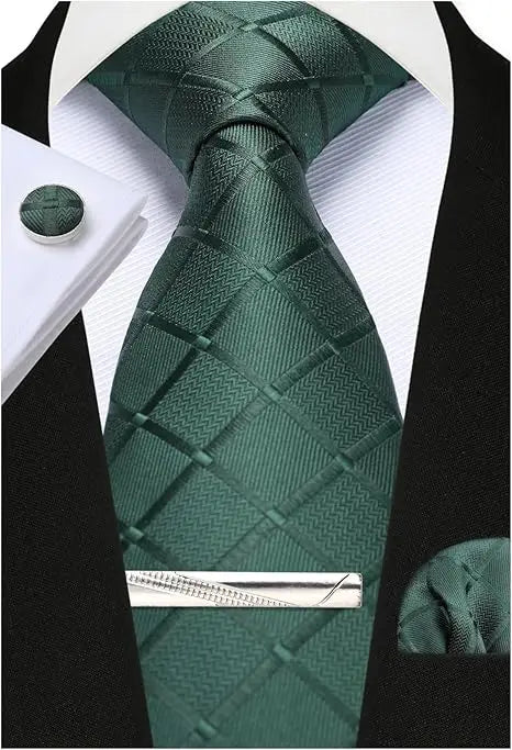 Green Woven Classic 100% Silk Pocket Square Plaid & Checks Tie