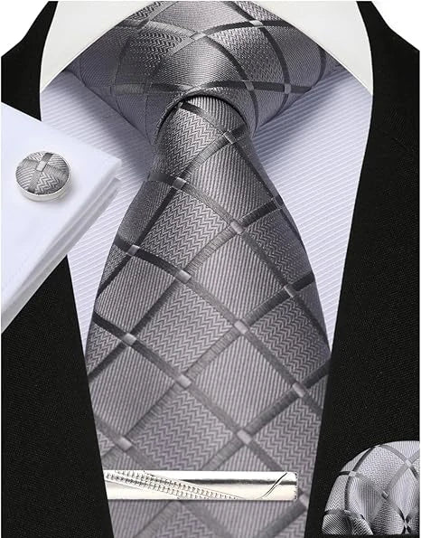 Gray Woven Classic 100% Silk Pocket Square Plaid & Checks Tie