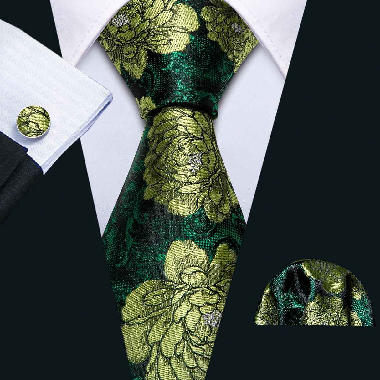 Woven Green Flower Jacquard Necktie Pocket Square Cufflinks Set