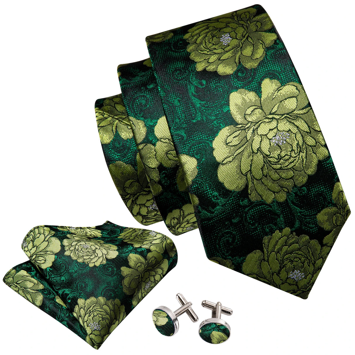 Woven Green Flower Jacquard Necktie Pocket Square Cufflinks Set