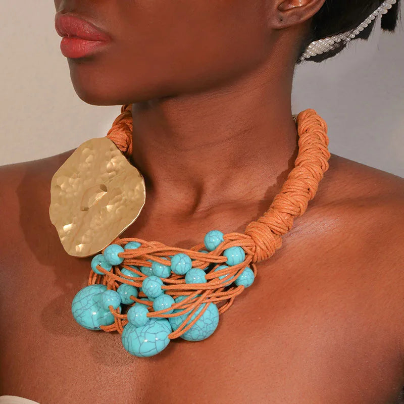Model Using of Woven Rope Chain Turquoise Necklace