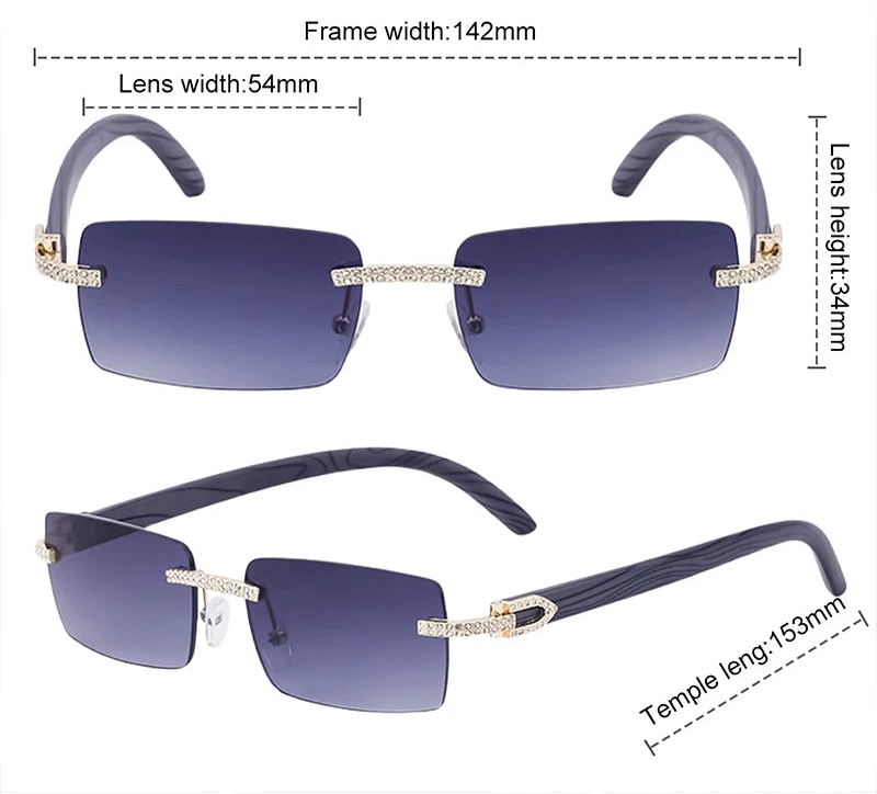 Dimension of Y2K Punk Wood Grain Frameless Diamond Rectangle Sunglasses