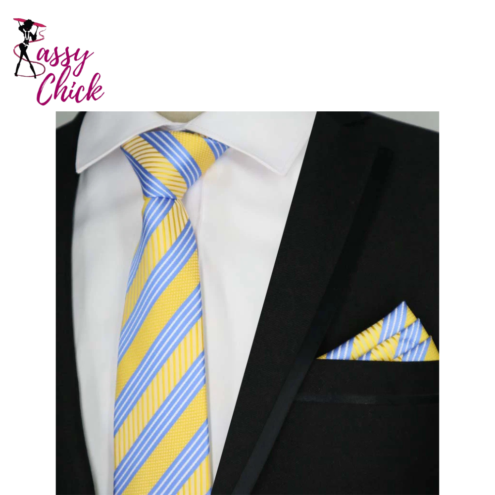 Yellow Color Plaids Stripes Jacquard Handkerchief Necktie Sassy Chick Logo