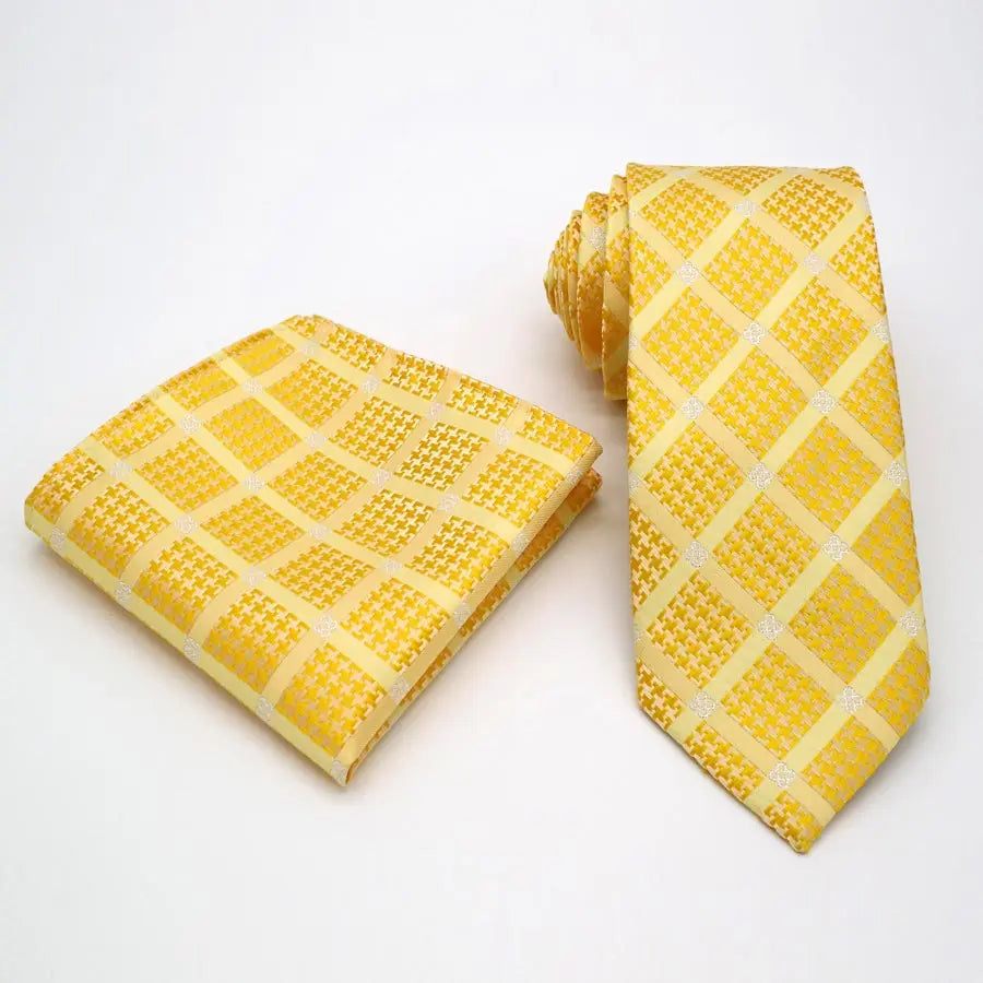 Yellow Color Plaids Stripes Jacquard Handkerchief Necktie