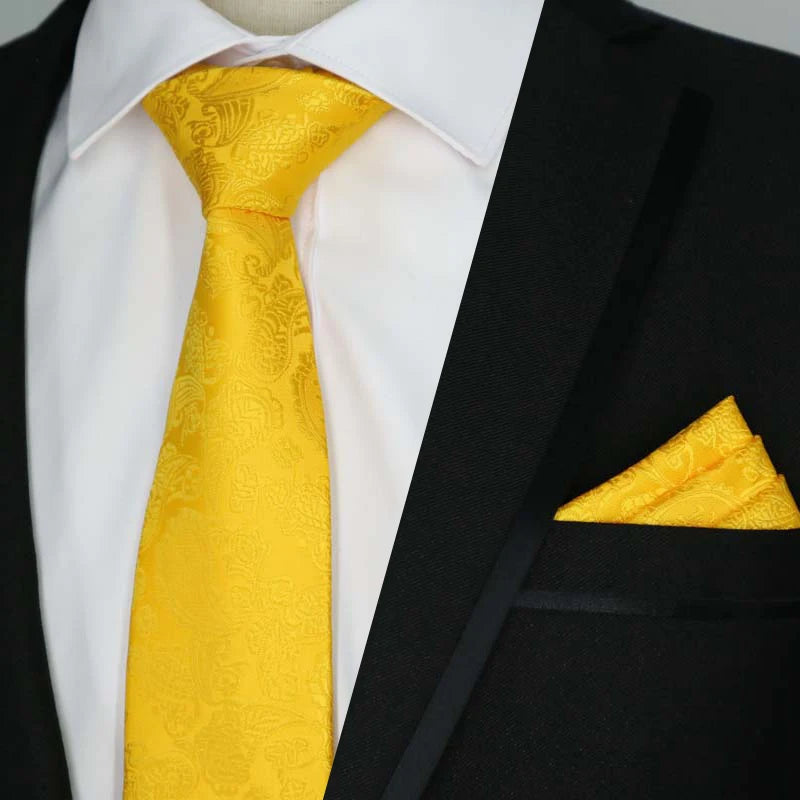 Yellow Color Plaids Stripes Jacquard Handkerchief Necktie