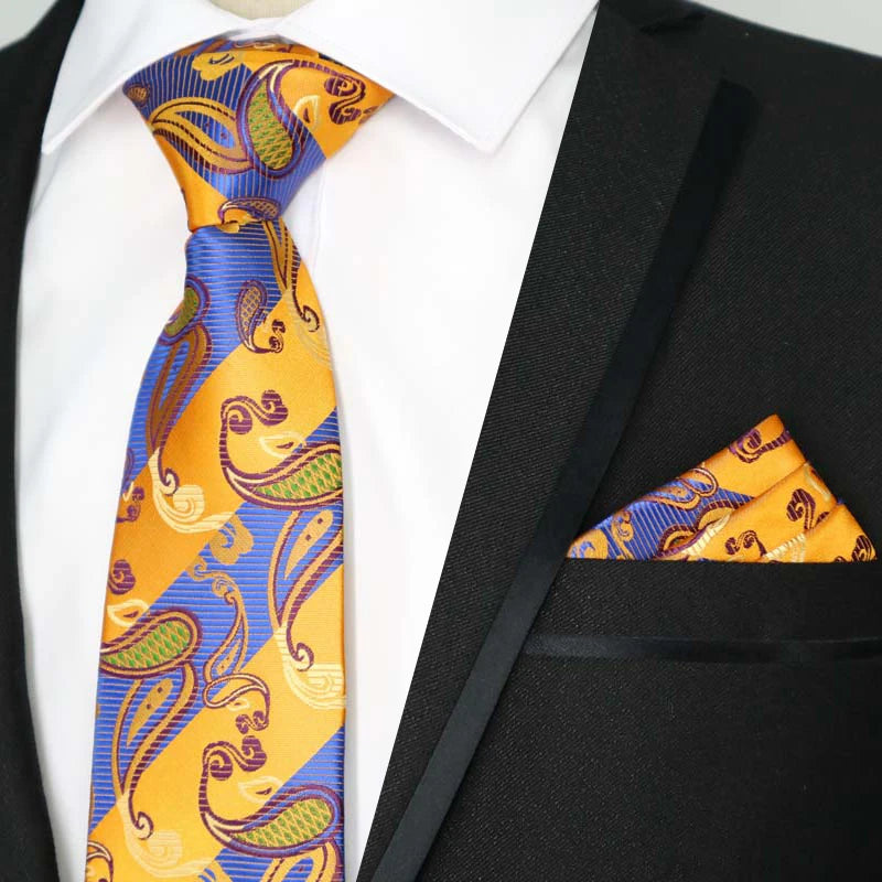 Yellow Color Plaids Stripes Jacquard Handkerchief Necktie