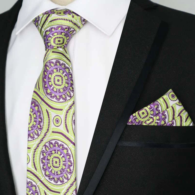 Green Yellow Color Plaids Stripes Jacquard Handkerchief Necktie