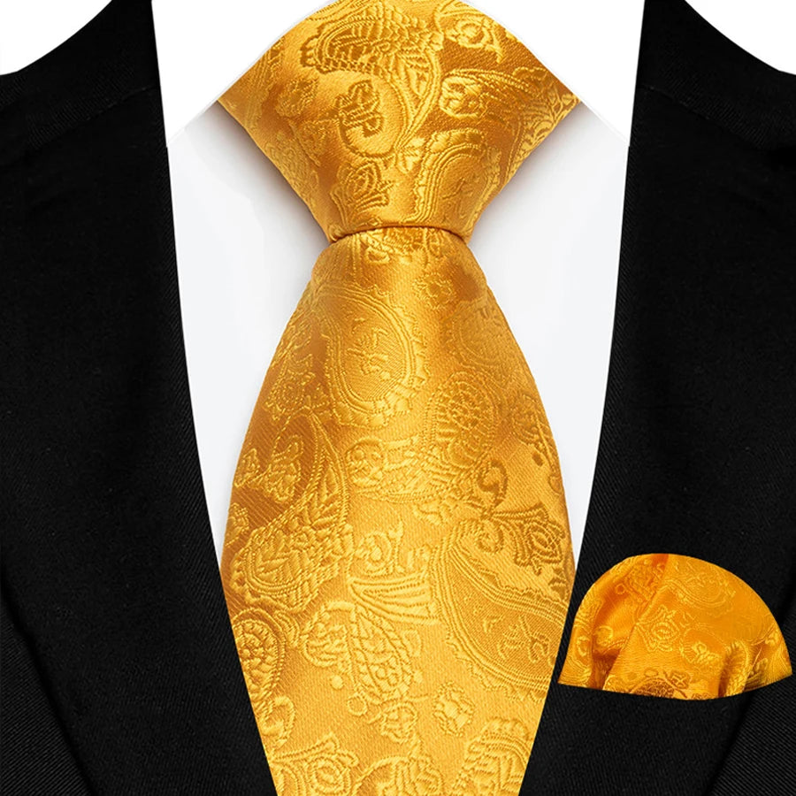 Yellow Paisley Solid Stripes High Quality Necktie