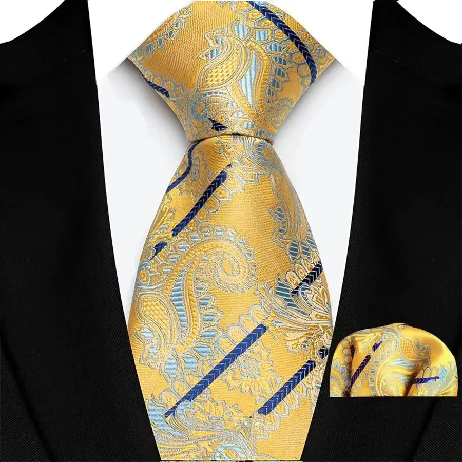 Yellow Paisley Solid Stripes High Quality Necktie
