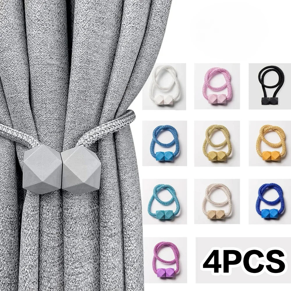 Set of 4 magnetic curtain tiebacks with thick rope design in a living room