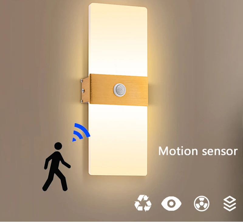 LED wall light with PIR motion sensor mounted in a bedroom or hallway