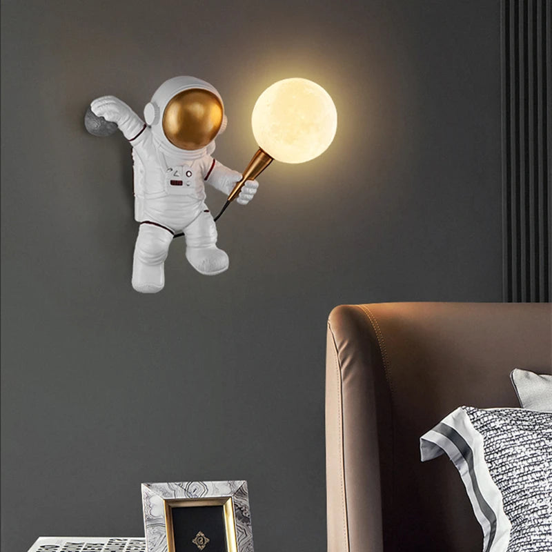 Nordic LED astronaut wall lamp with moon design for kids' room or bedroom lighting