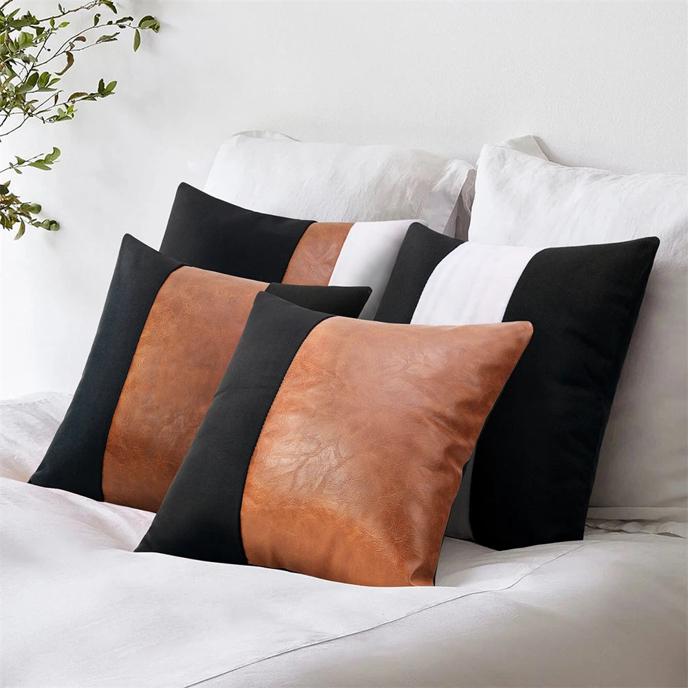 PU leather patchwork 45x45 decorative pillow cover on sofa