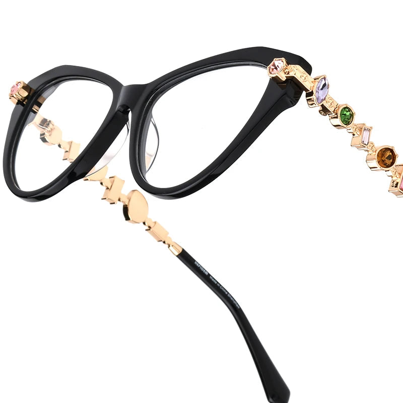 Women wearing acetate metal diamond cat eye fashion eyeglasses frame