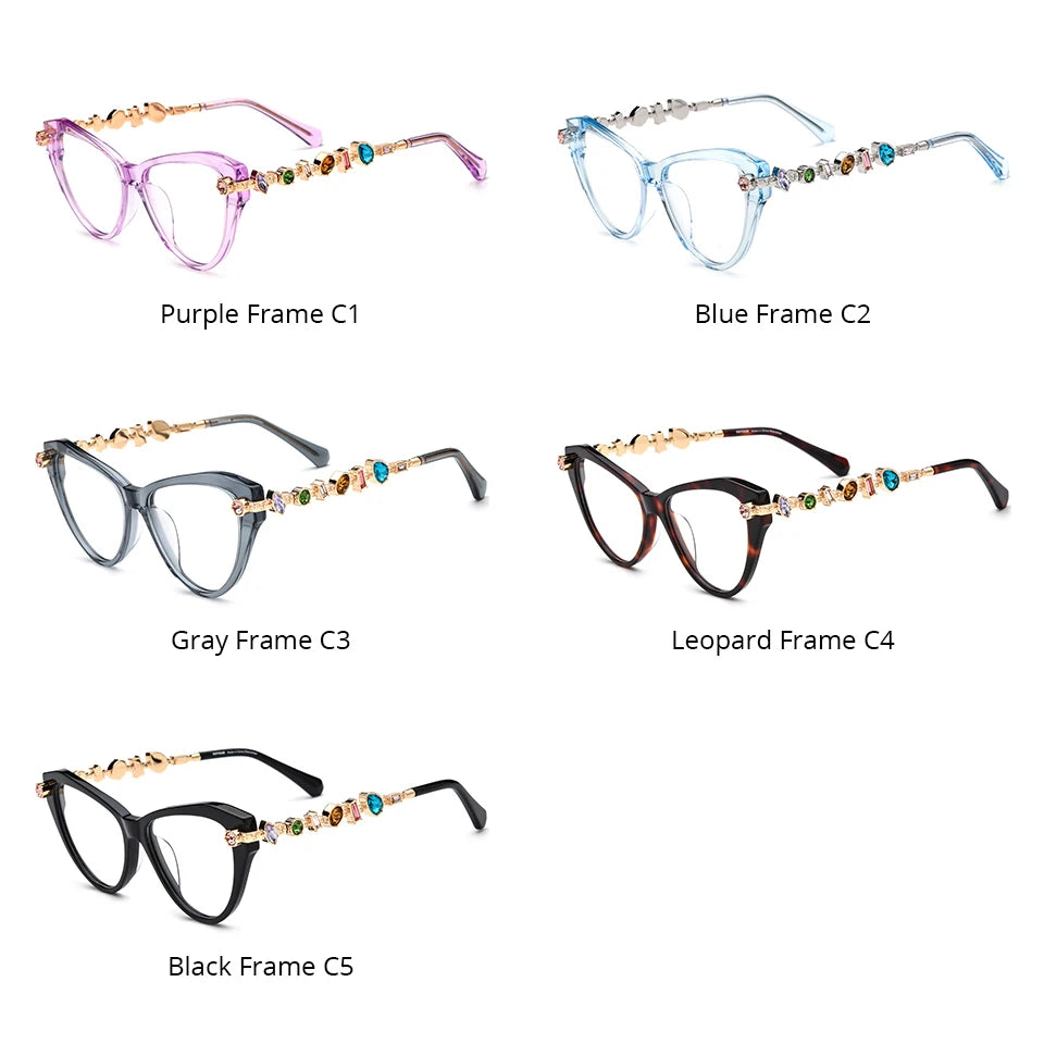 Women wearing acetate metal diamond cat eye fashion eyeglasses frame