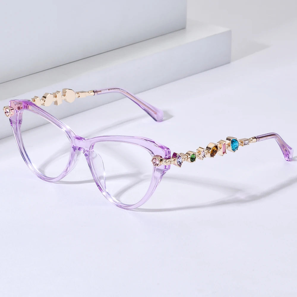 Women wearing acetate metal diamond cat eye fashion eyeglasses frame