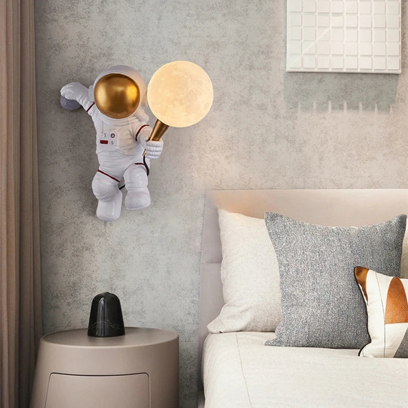 Nordic LED astronaut wall lamp with moon design for kids' room or bedroom lighting
