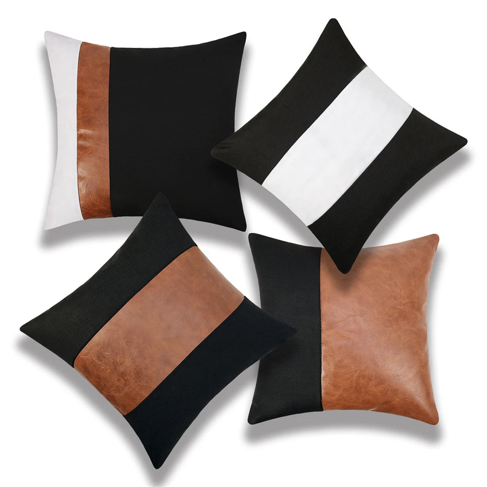 PU leather patchwork 45x45 decorative pillow cover on sofa