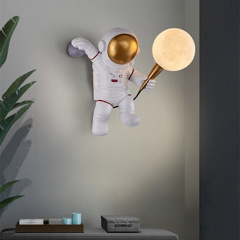 Nordic LED astronaut wall lamp with moon design for kids' room or bedroom lighting