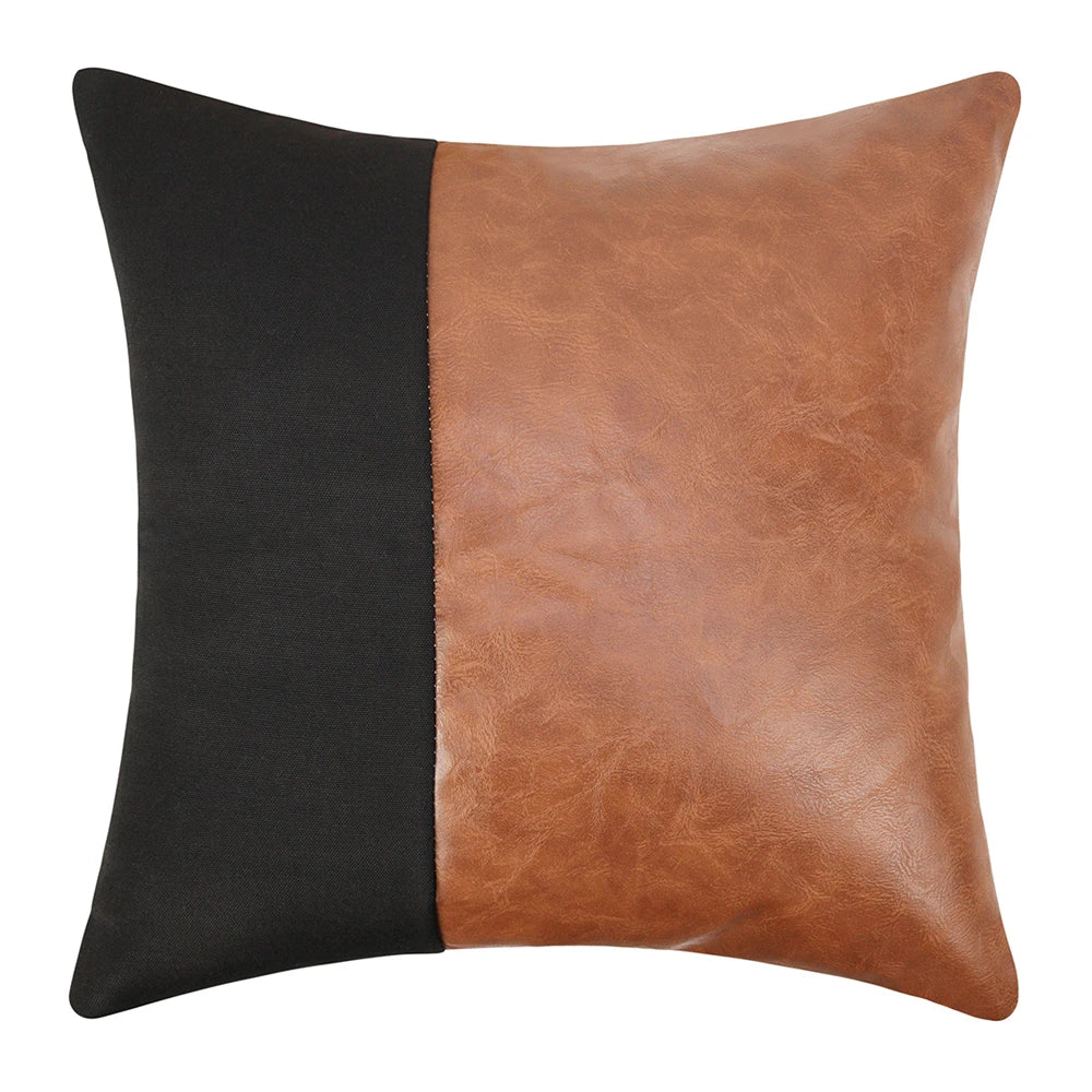 PU leather patchwork 45x45 decorative pillow cover on sofa
