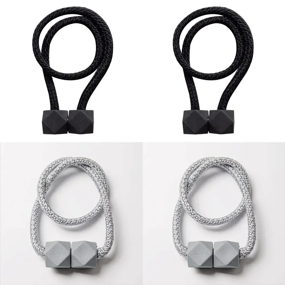 Set of 4 magnetic curtain tiebacks with thick rope design in a living room