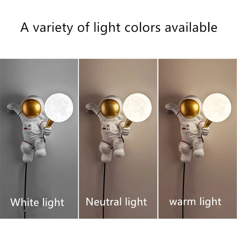 Nordic LED astronaut wall lamp with moon design for kids' room or bedroom lighting