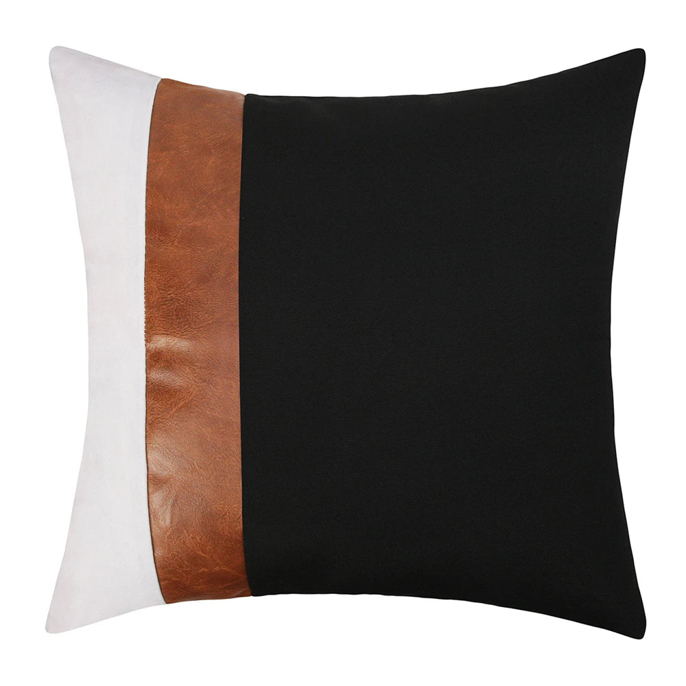 PU leather patchwork 45x45 decorative pillow cover on sofa