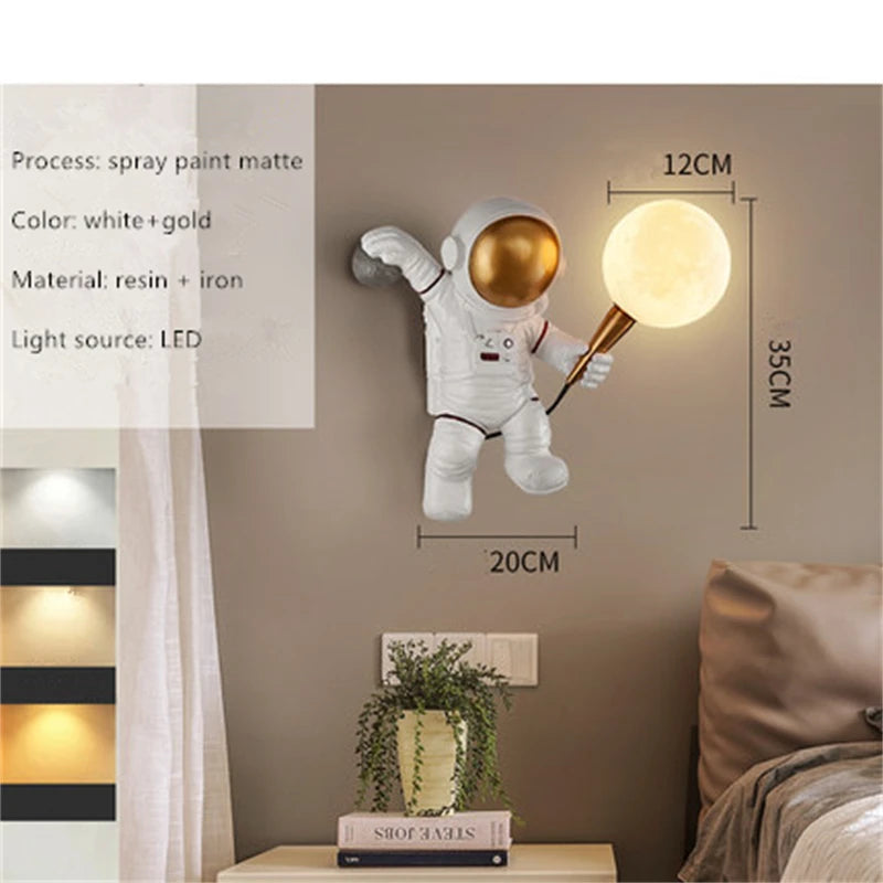 Nordic LED astronaut wall lamp with moon design for kids' room or bedroom lighting