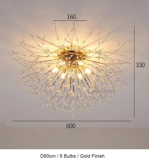 LED firework chandelier with crystal dandelion branches for ceiling decor