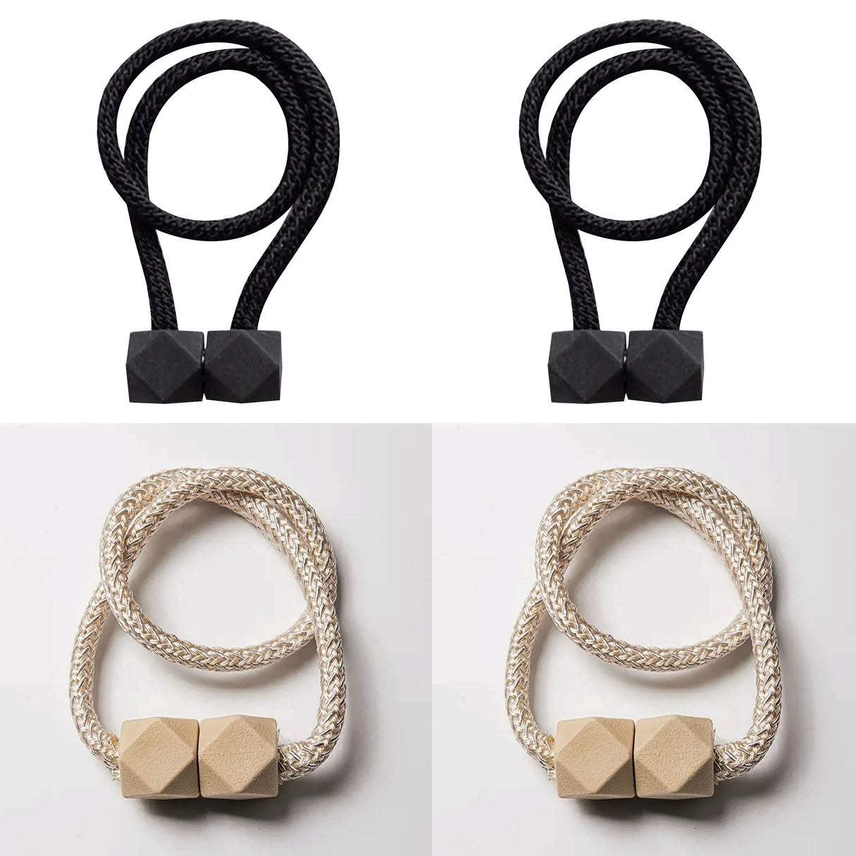 Set of 4 magnetic curtain tiebacks with thick rope design in a living room