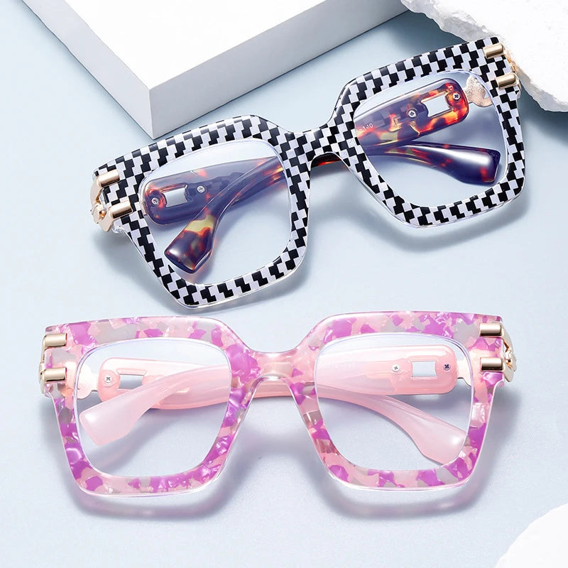 Women's large frame blue light glasses with gold chain detail