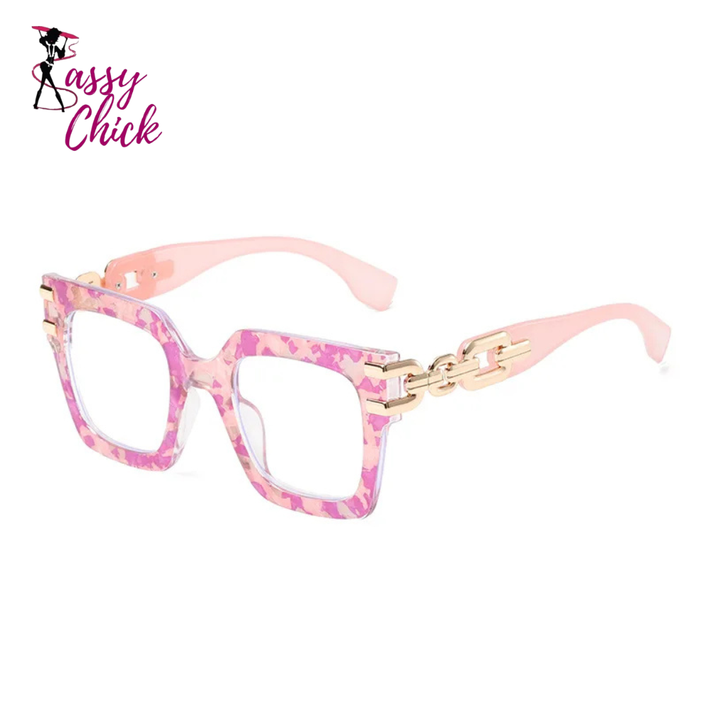 Women's large frame blue light glasses with gold chain detail