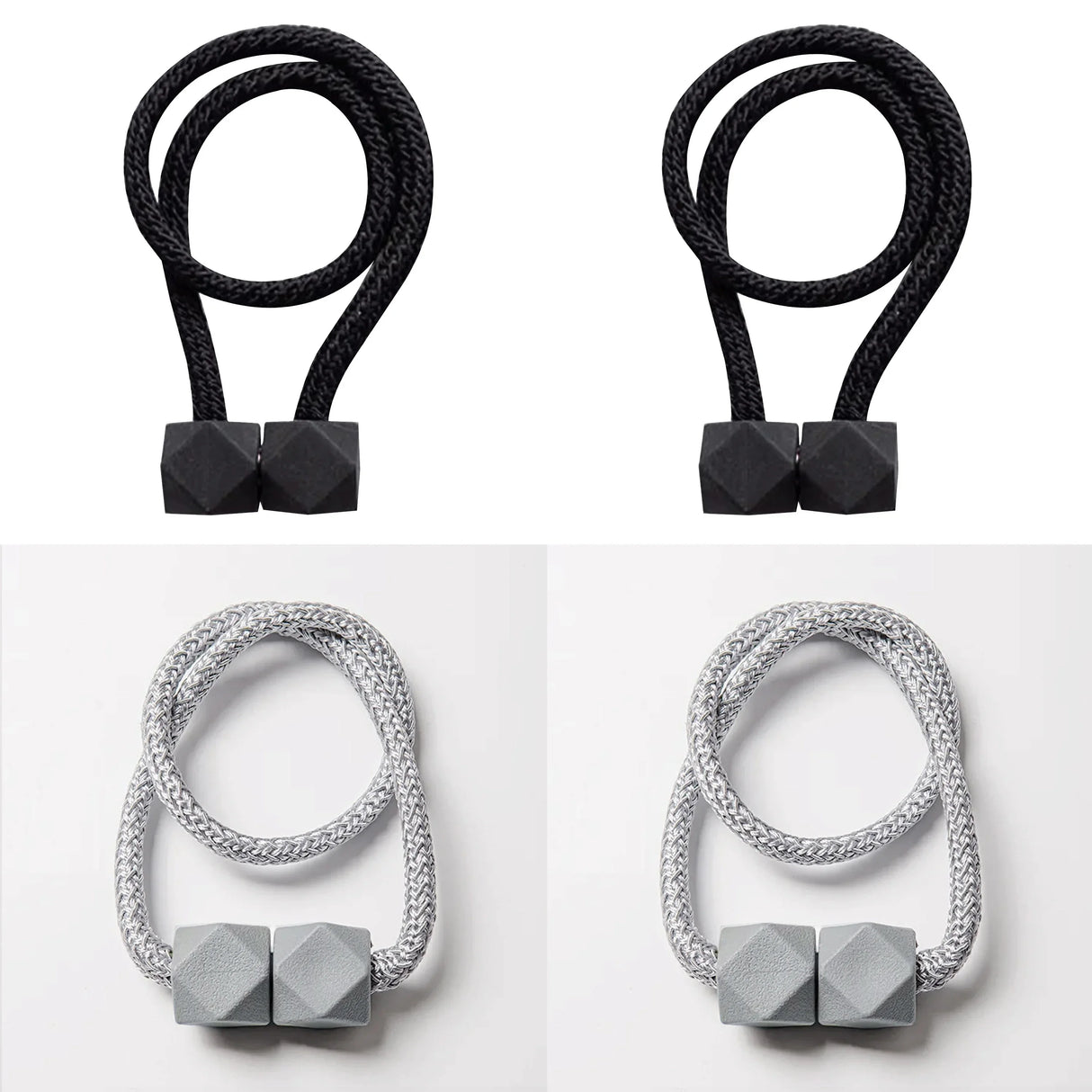 Set of 4 magnetic curtain tiebacks with thick rope design in a living room