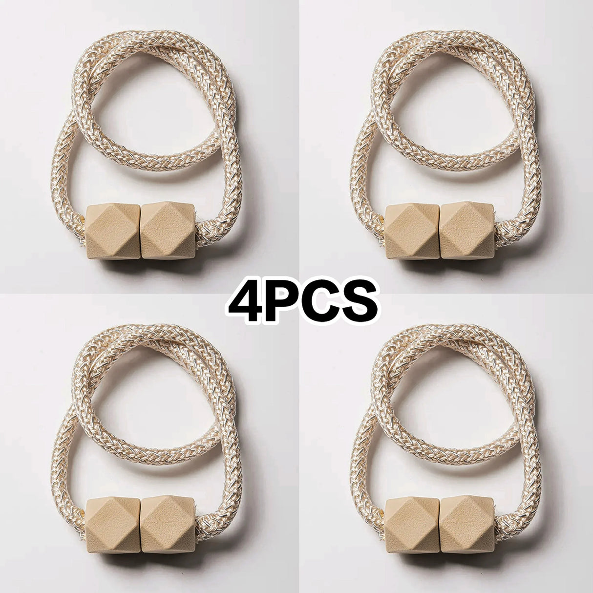 Set of 4 magnetic curtain tiebacks with thick rope design in a living room
