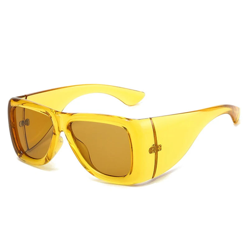 Oversized square jelly color sunglasses with wide frame design and UV400 protection for retro outdoor fashion style.