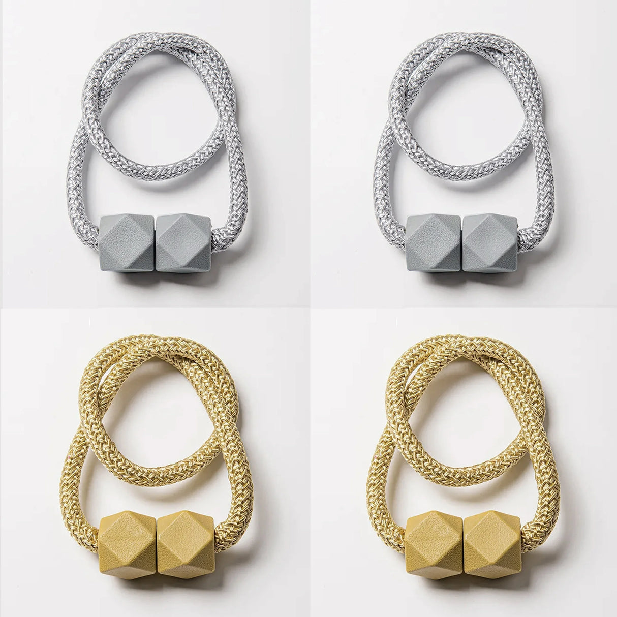 Set of 4 magnetic curtain tiebacks with thick rope design in a living room